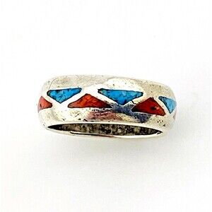Vintage Crushed Turquoise Coral Inlay Infinity Band Ring Wide Geometric Size 5